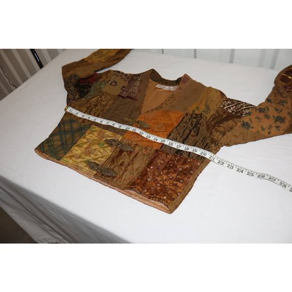Celeste Women's Silk Blend Patchwork Jacket Size Small/Medium Brown Gold Cropped - Picture 9 of 10